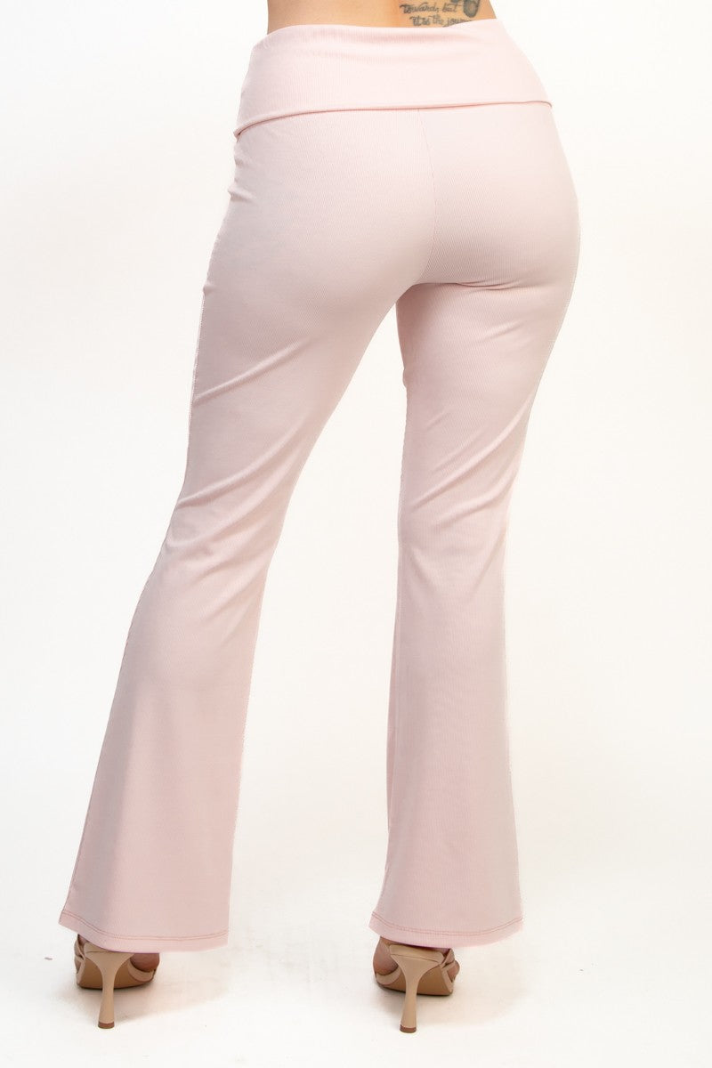 Casual Basics Soft Rib Knit Fold Over Wide Leg Pants