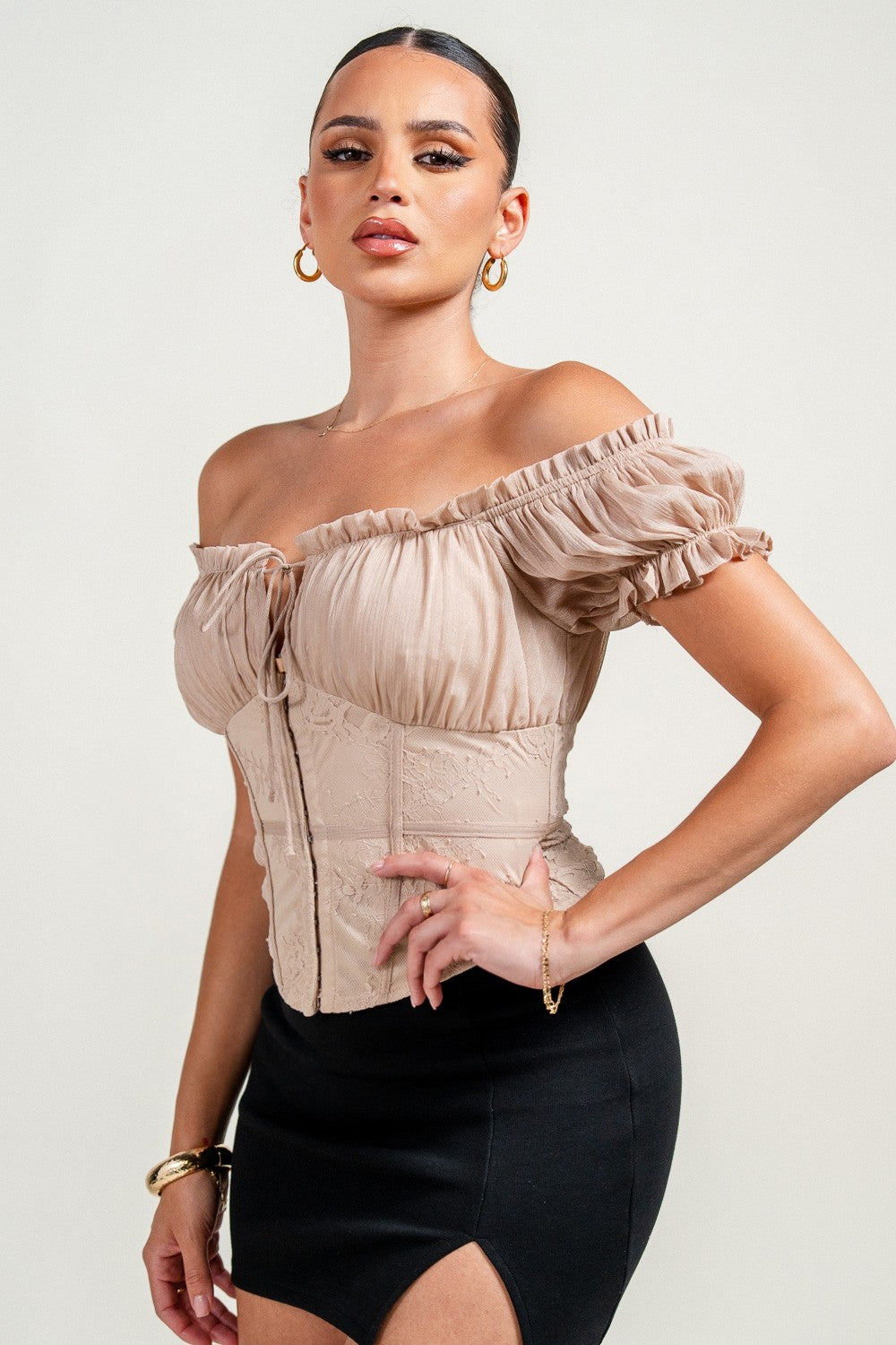 Avery Off The Shoulder Lace Trim Cinched Waist Corset Top