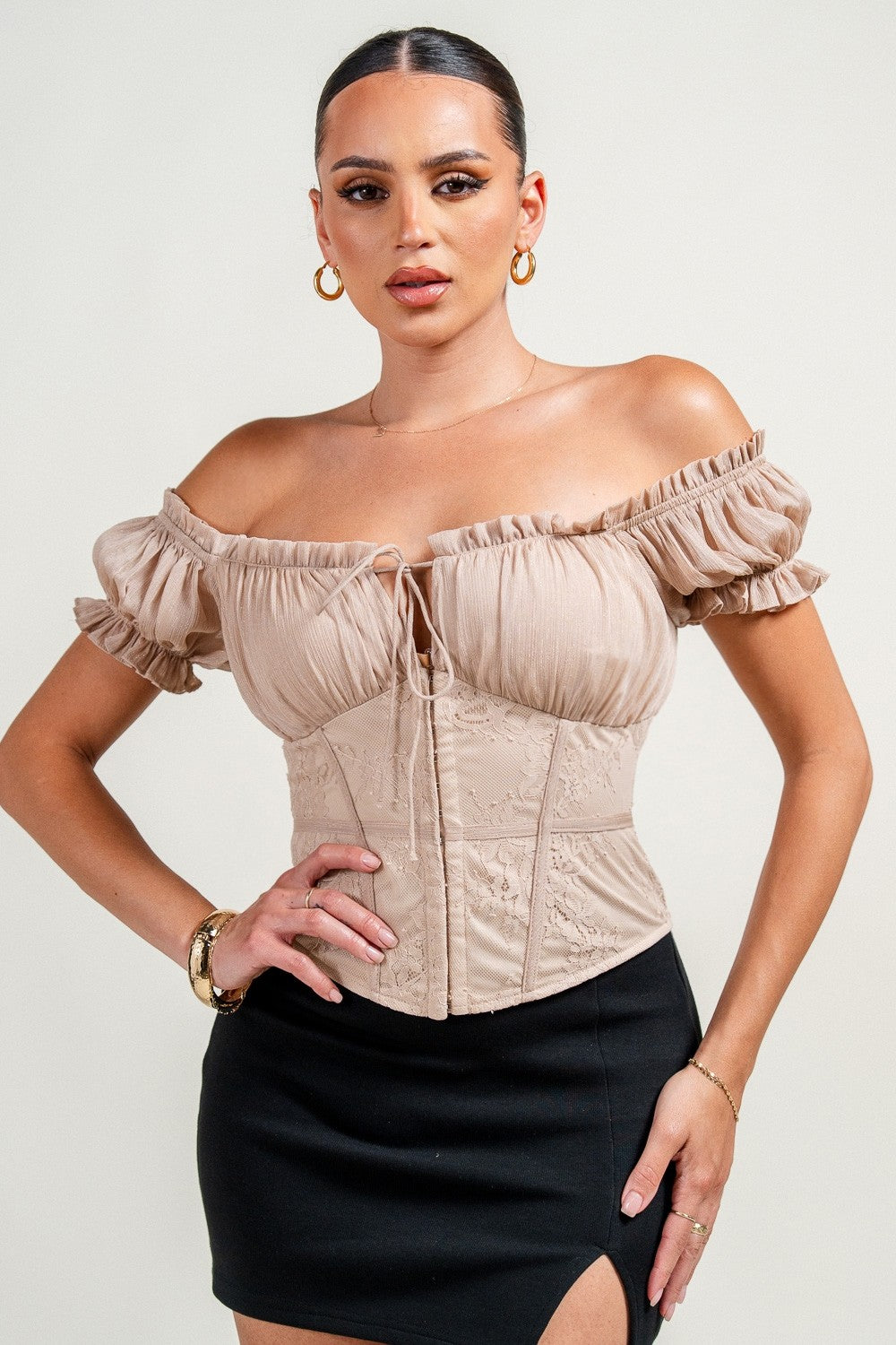 Avery Off The Shoulder Lace Trim Cinched Waist Corset Top