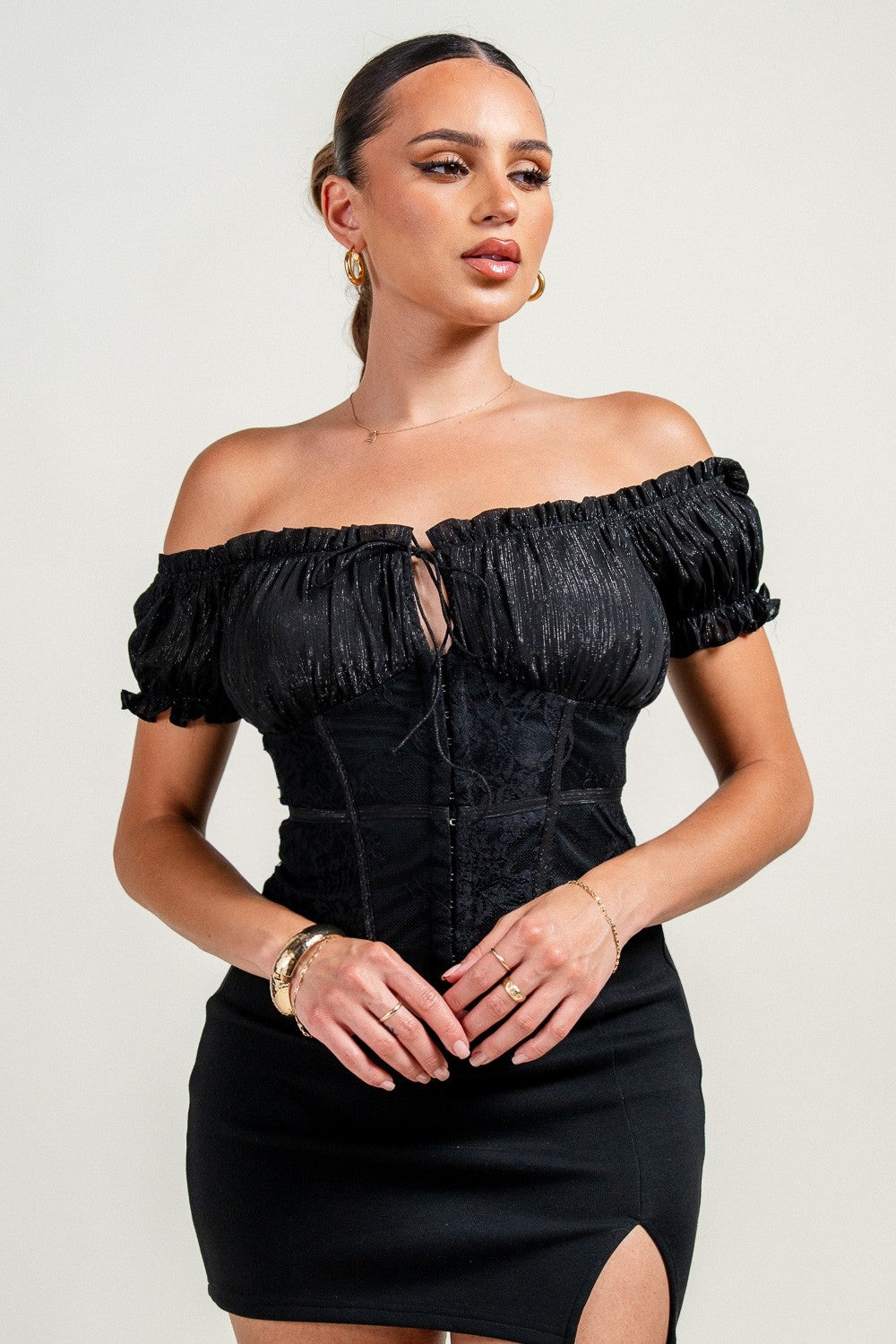 Avery Off The Shoulder Lace Trim Cinched Waist Corset Top