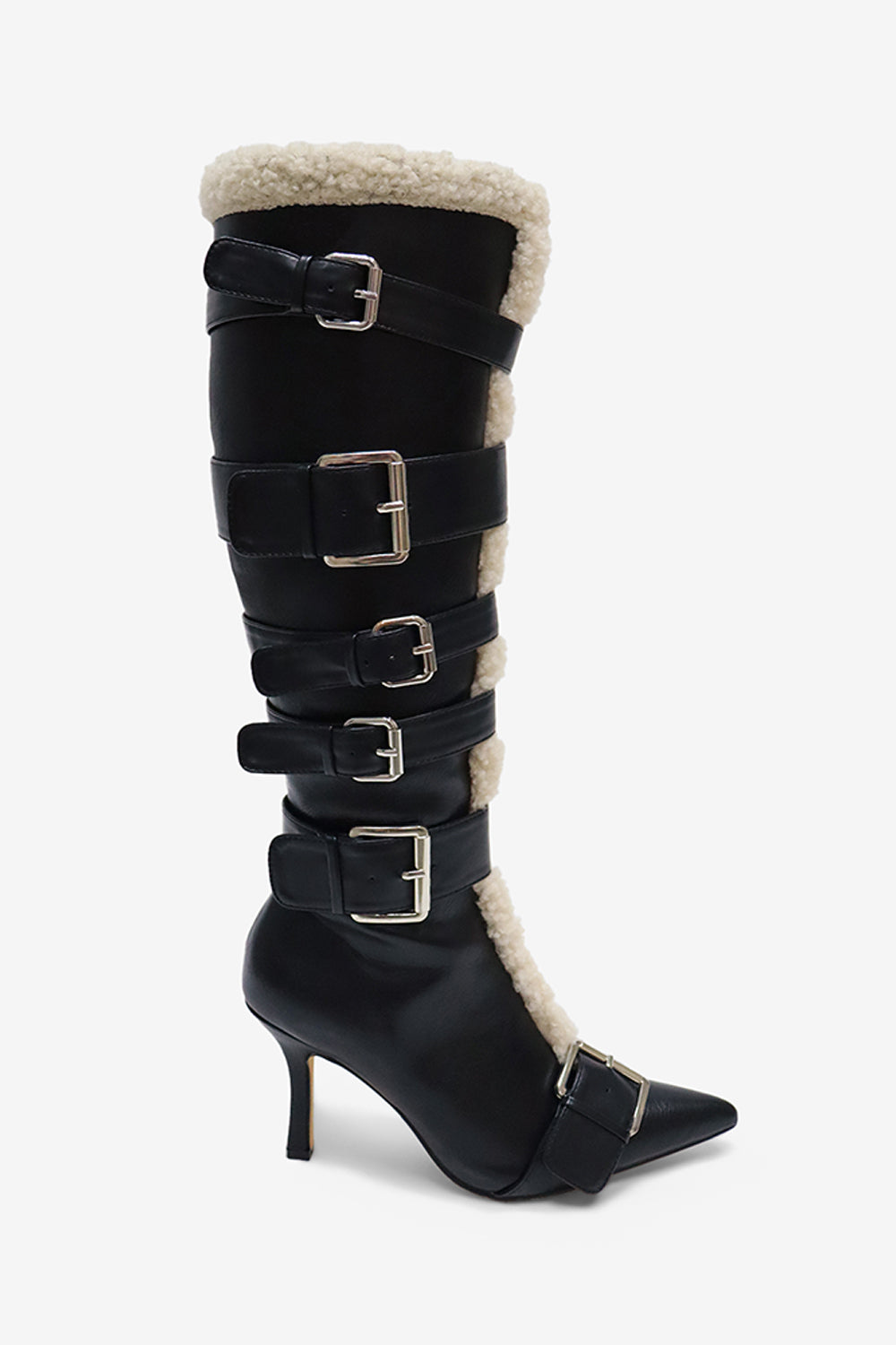 Irina Buckle Detail Fur Trim Pointed Toe Knee High Stiletto Boots
