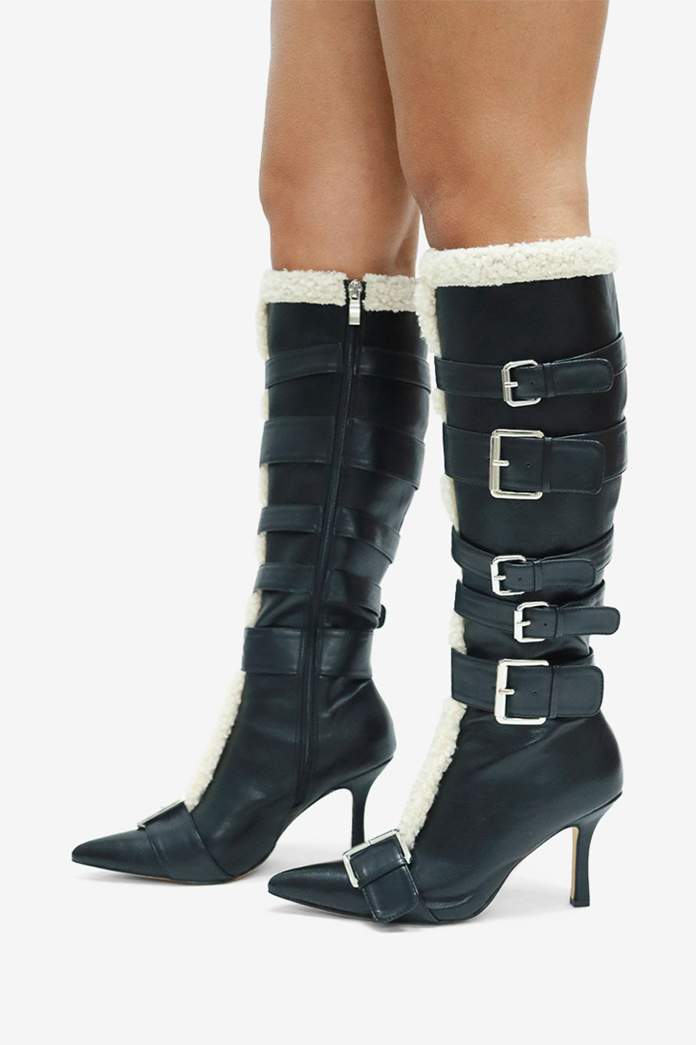 Irina Buckle Detail Fur Trim Pointed Toe Knee High Stiletto Boots