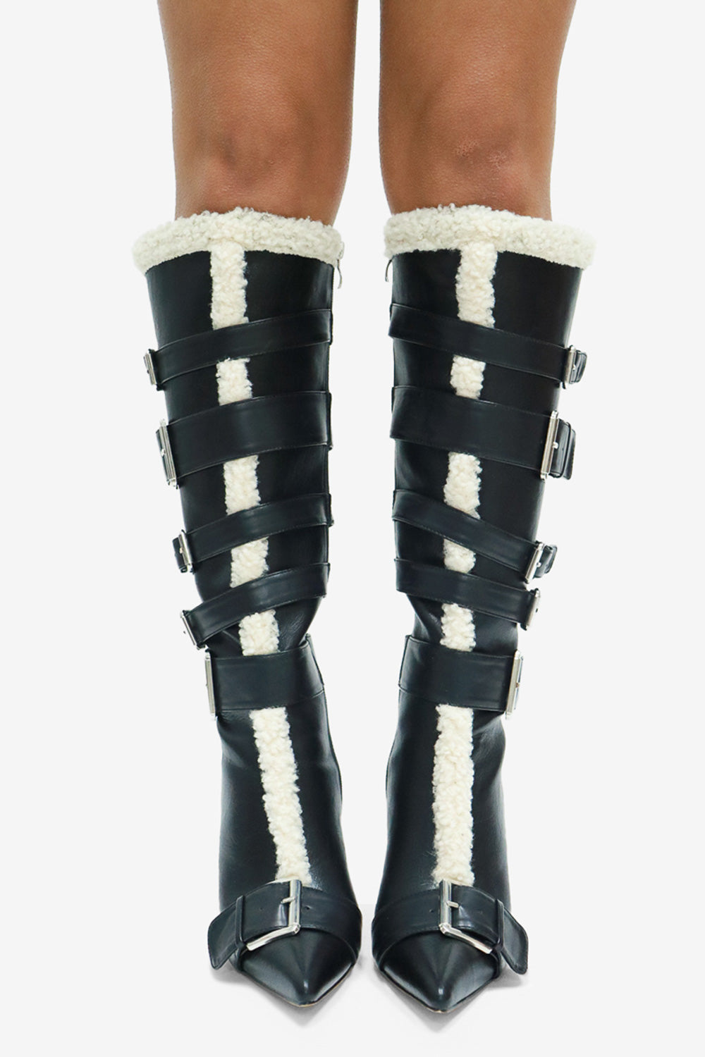 Irina Buckle Detail Fur Trim Pointed Toe Knee High Stiletto Boots