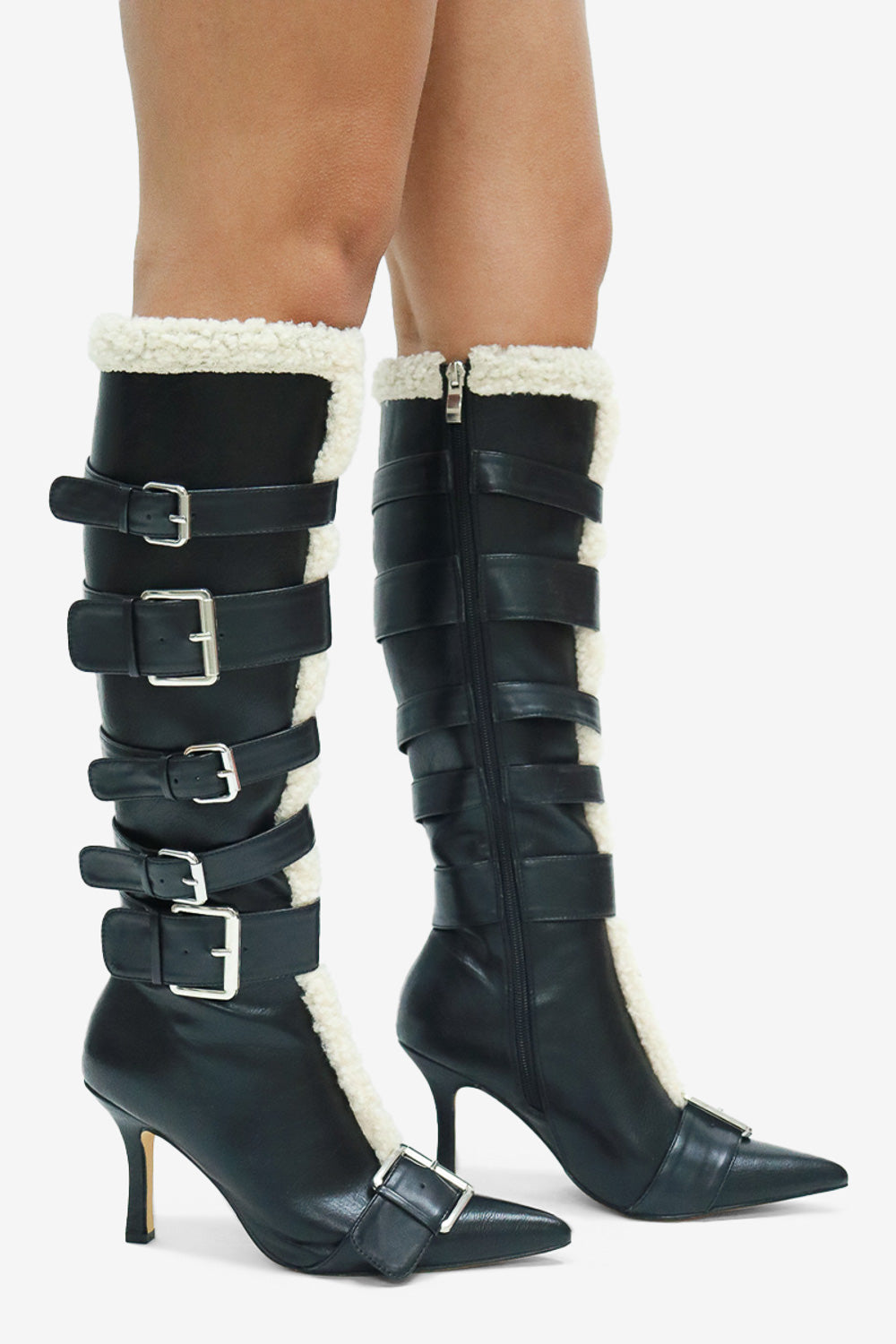 Irina Buckle Detail Fur Trim Pointed Toe Knee High Stiletto Boots
