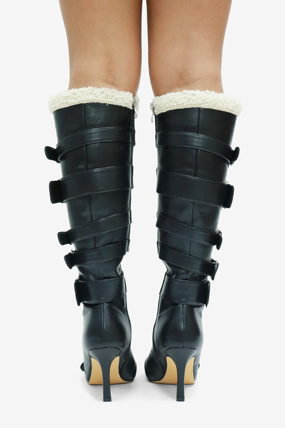 Irina Buckle Detail Fur Trim Pointed Toe Knee High Stiletto Boots