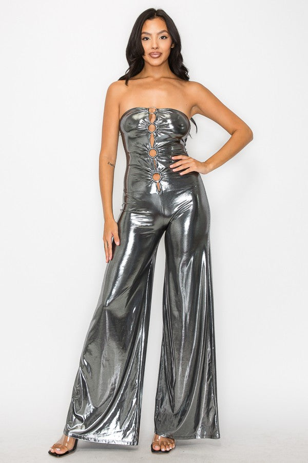 Osaka O Ring Cut Out Metallic Knit Strapless Bandeau Jumpsuit