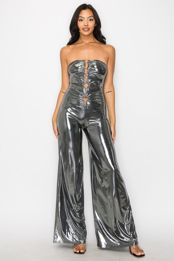Osaka O Ring Cut Out Metallic Knit Strapless Bandeau Jumpsuit