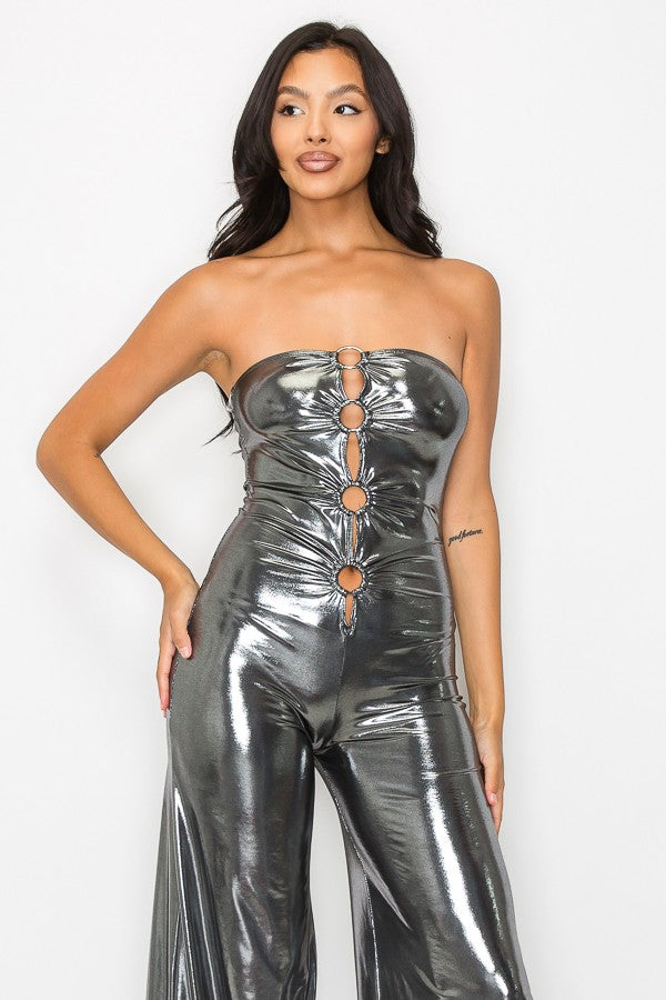 Osaka O Ring Cut Out Metallic Knit Strapless Bandeau Jumpsuit