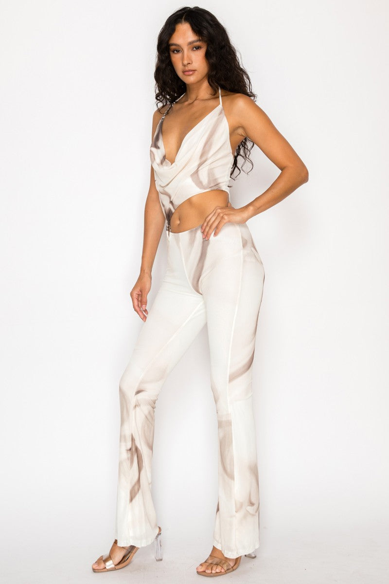Shani Cowl Neck O Ring Cutout Printed Mesh Jumpsuit