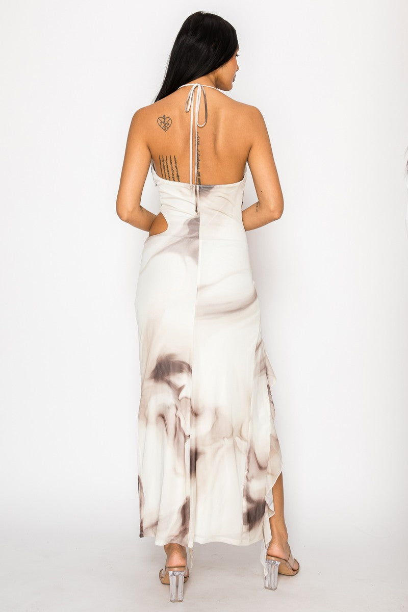Shani Cowl Neck O Ring Cutout High Slit Mesh Maxi Dress