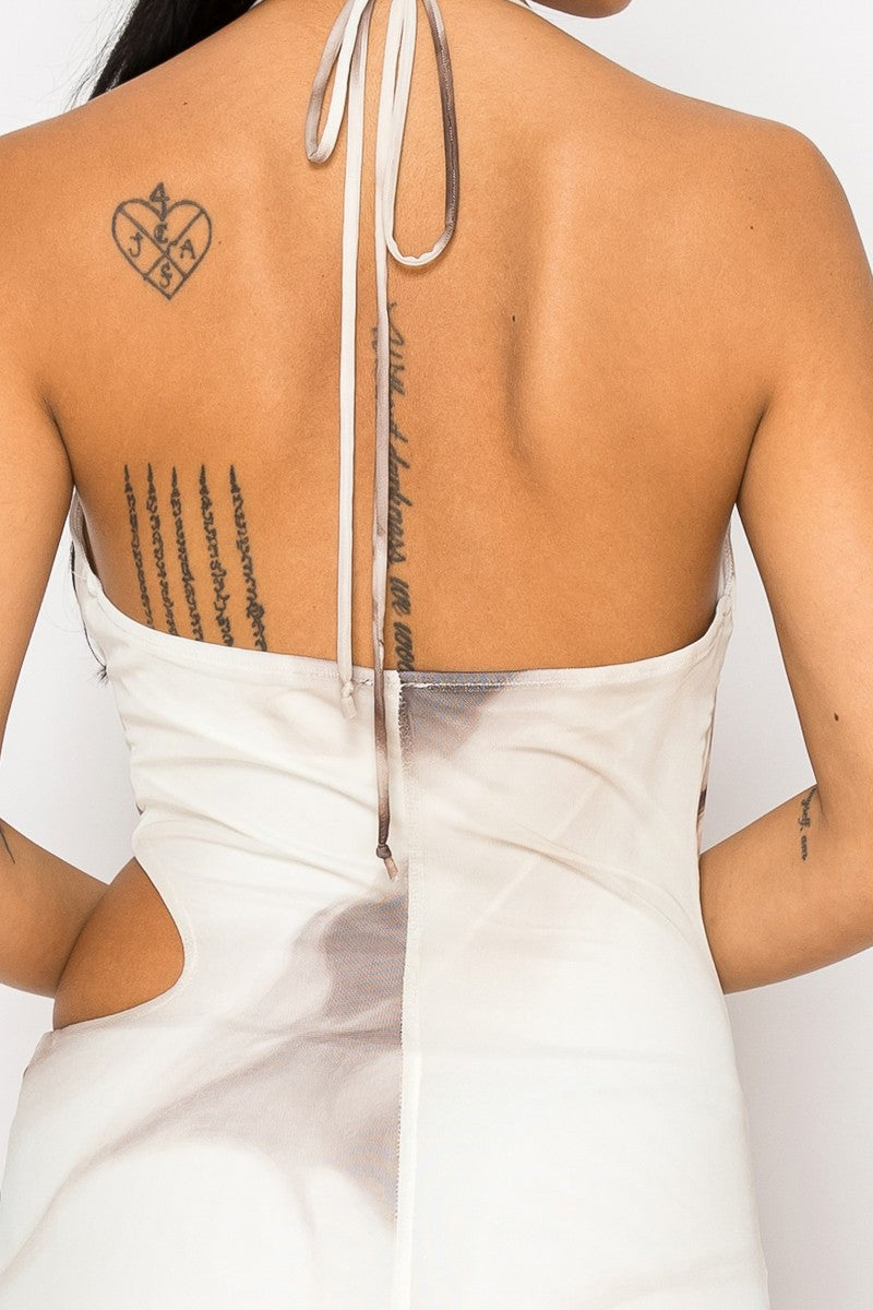 Shani Cowl Neck O Ring Cutout High Slit Mesh Maxi Dress