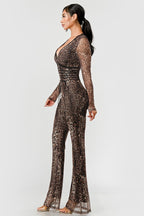 Stacy Deep V Lace Trim Leopard Print Jumpsuit