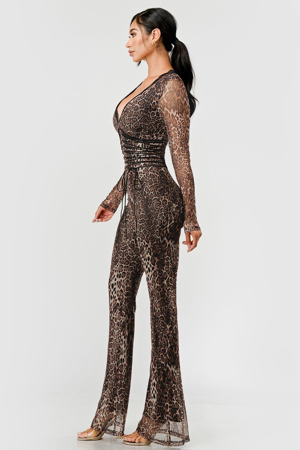 Stacy Deep V Lace Trim Leopard Print Jumpsuit