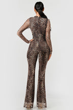Stacy Deep V Lace Trim Leopard Print Jumpsuit