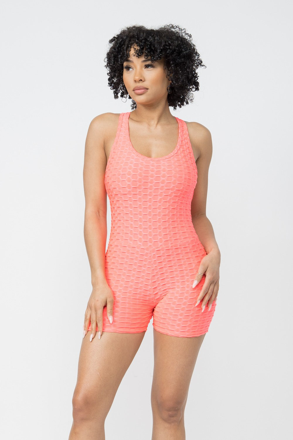 Comfy Peach Honeycomb Knit Criss Cross Open Back Romper