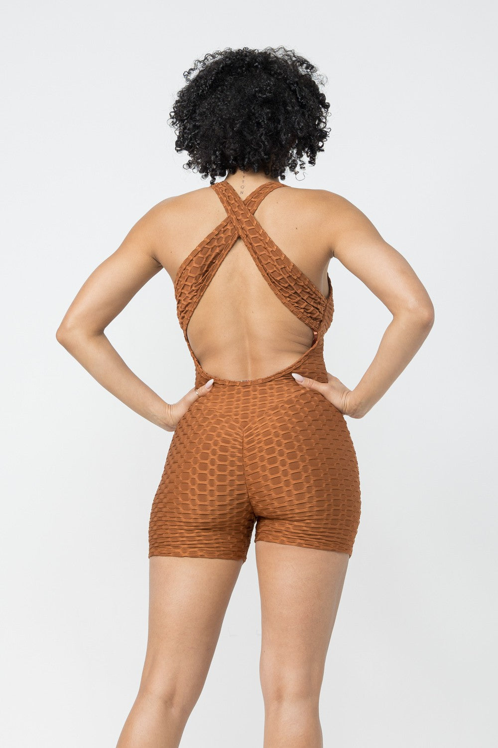 Comfy Peach Honeycomb Knit Criss Cross Open Back Romper