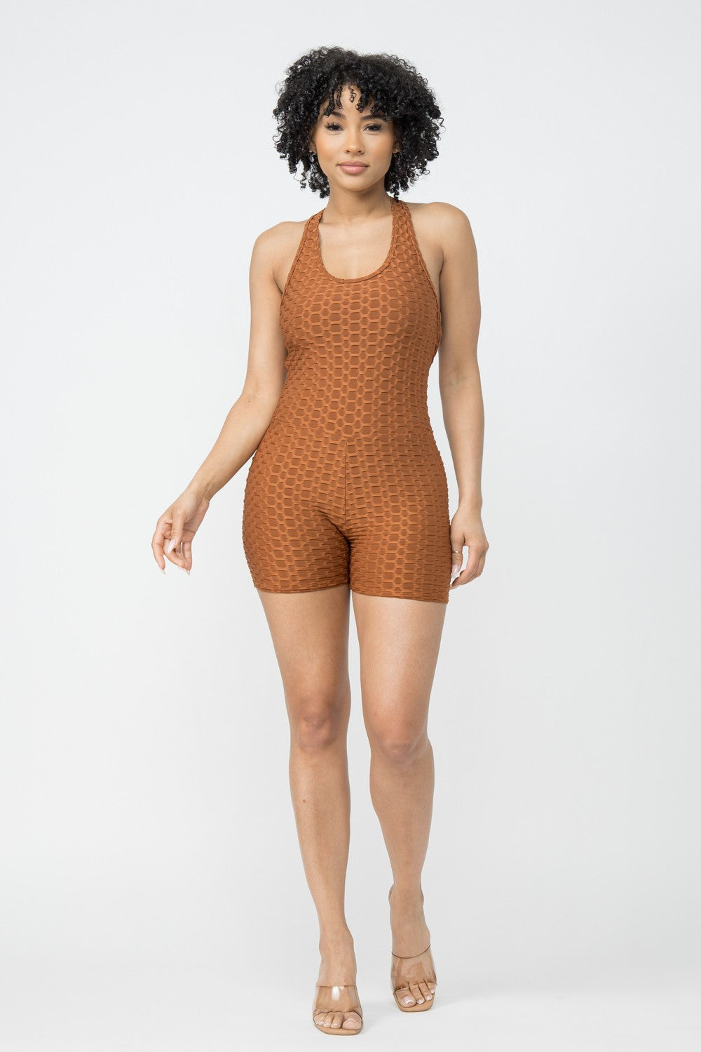 Comfy Peach Honeycomb Knit Criss Cross Open Back Romper