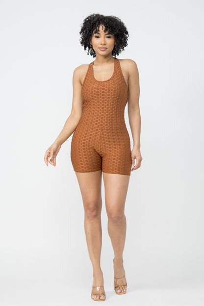 Comfy Peach Honeycomb Knit Criss Cross Open Back Romper