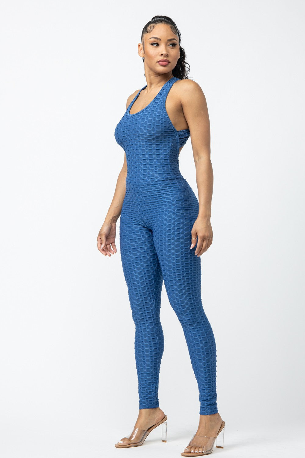 Comfy Peach Criss Cross Open Back Activewear Jumpsuit