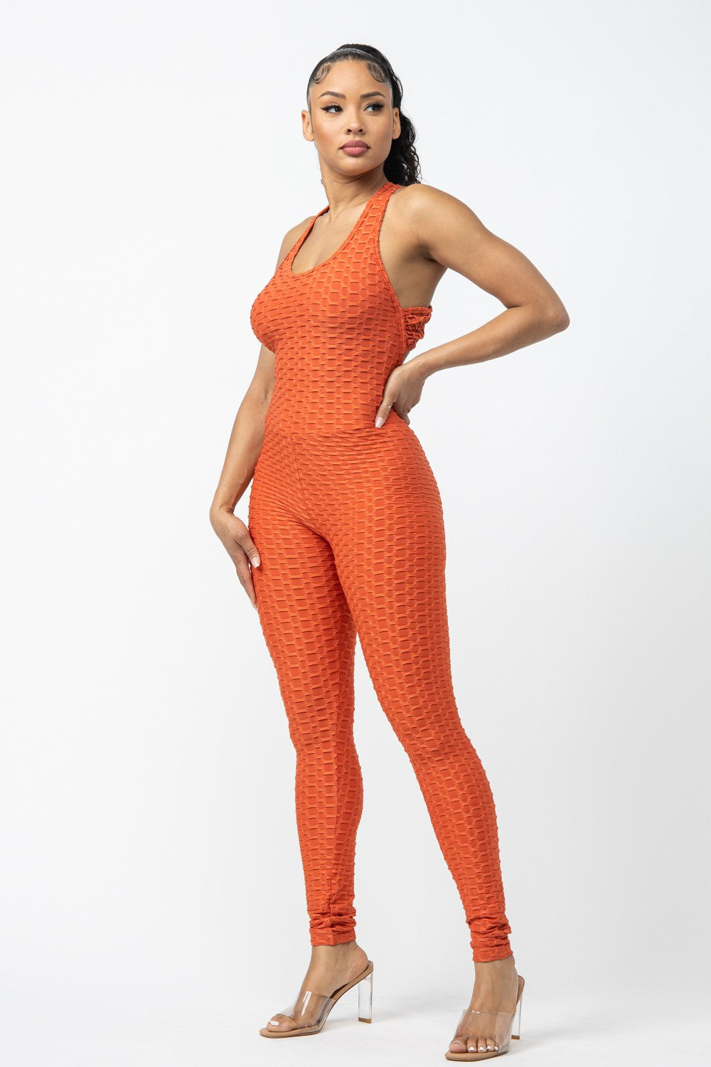 Comfy Peach Criss Cross Open Back Activewear Jumpsuit
