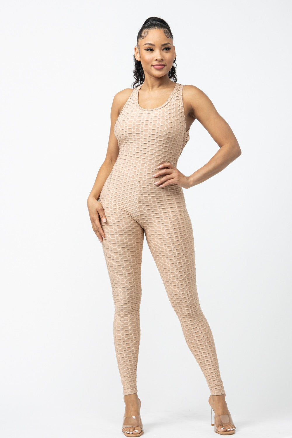 Comfy Peach Criss Cross Open Back Activewear Jumpsuit