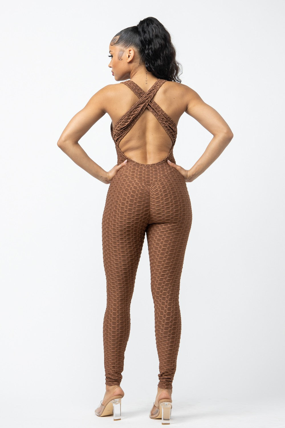 Comfy Peach Criss Cross Open Back Activewear Jumpsuit