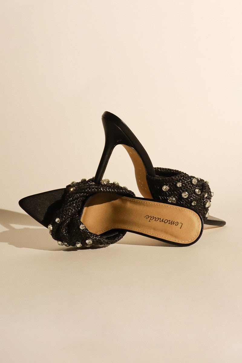 Stella Rhinestones Embellished Pointed Toe High Heel Raffia Mules