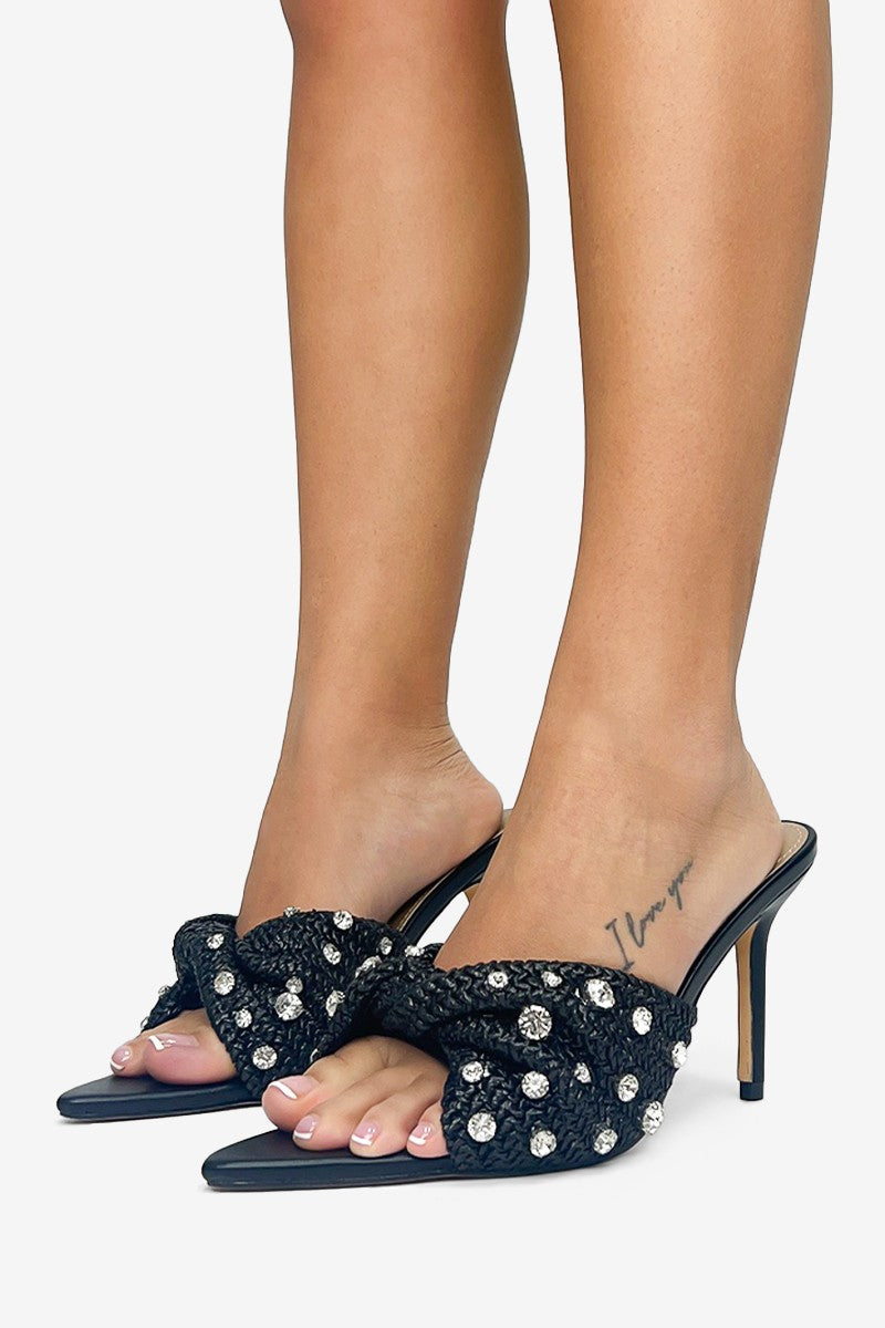 Stella Rhinestones Embellished Pointed Toe High Heel Raffia Mules