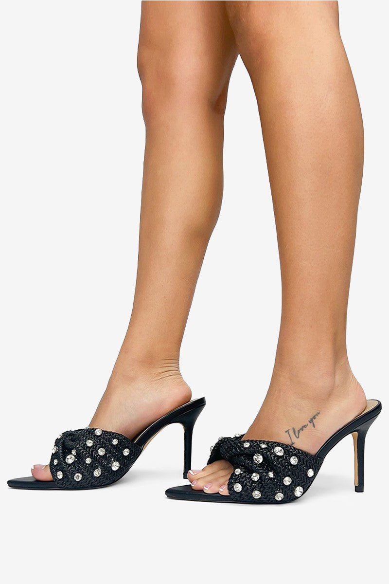 Stella Rhinestones Embellished Pointed Toe High Heel Raffia Mules