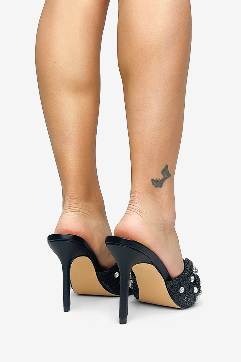 Stella Rhinestones Embellished Pointed Toe High Heel Raffia Mules