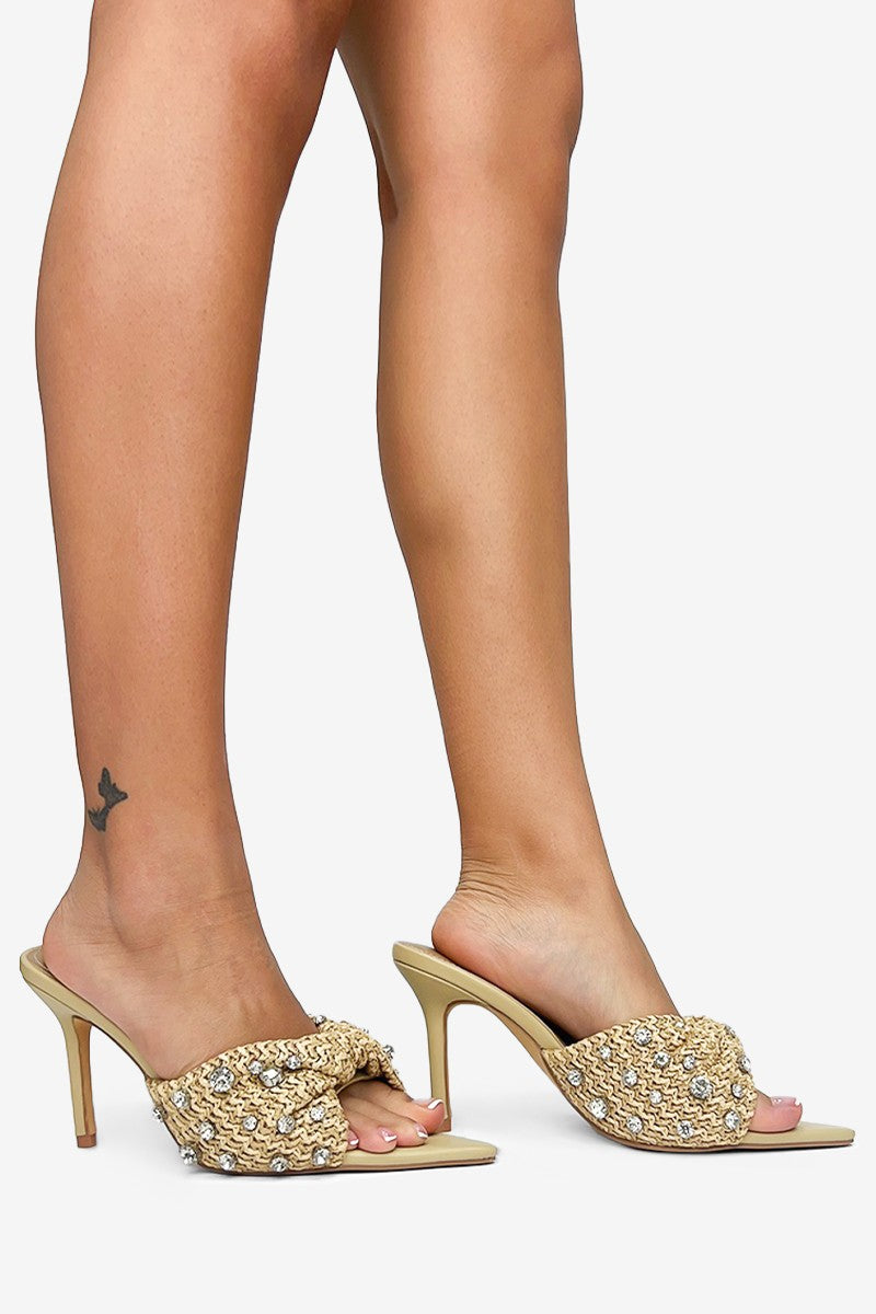 Stella Rhinestones Embellished Pointed Toe High Heel Raffia Mules