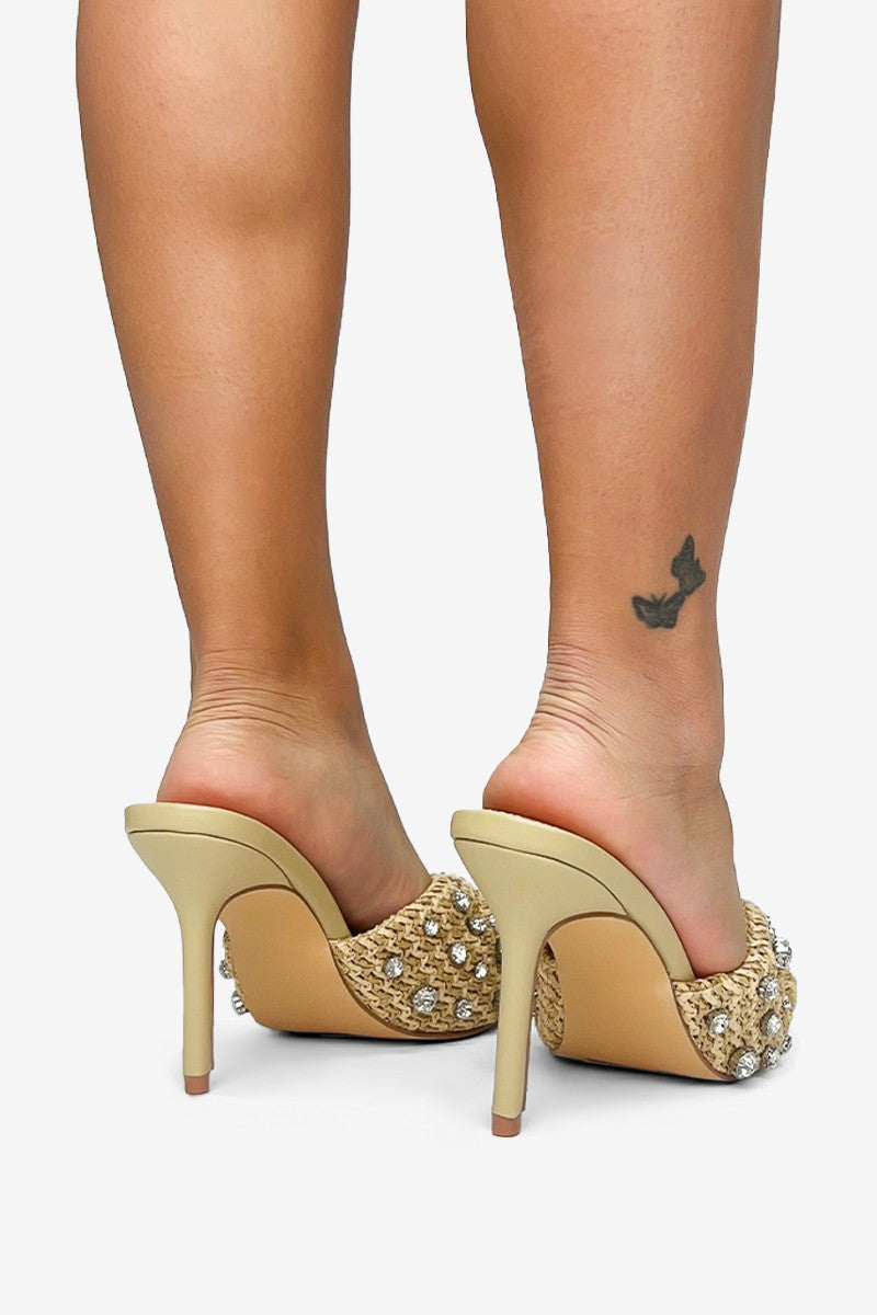 Stella Rhinestones Embellished Pointed Toe High Heel Raffia Mules