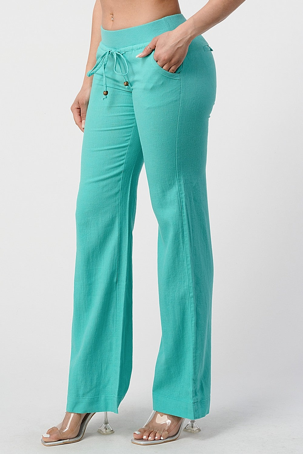 Patricia Drawstring Linen Knit Low Rise Straight Leg Pants