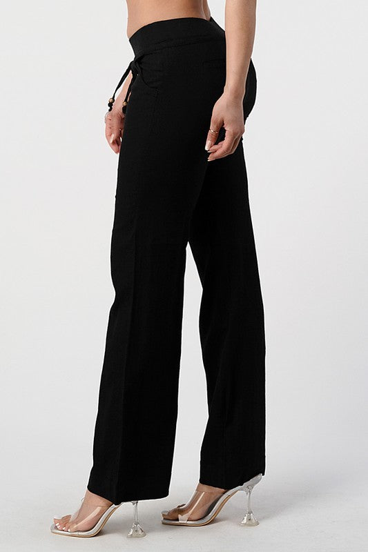 Patricia Drawstring Linen Knit Low Rise Straight Leg Pants