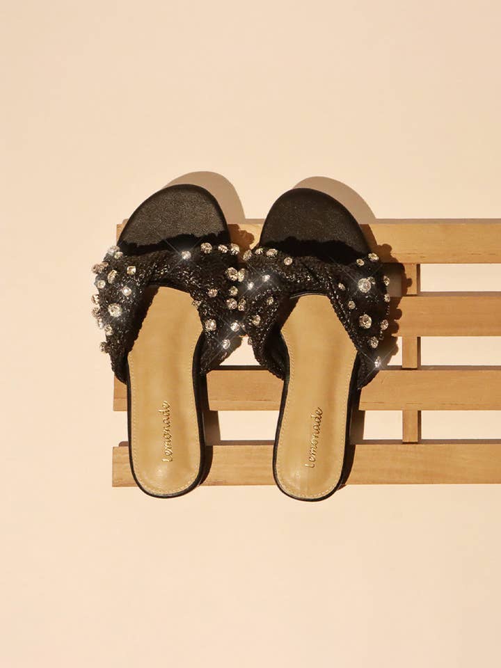 Stella Rhinestones Embellished Raffia Flat Sandals