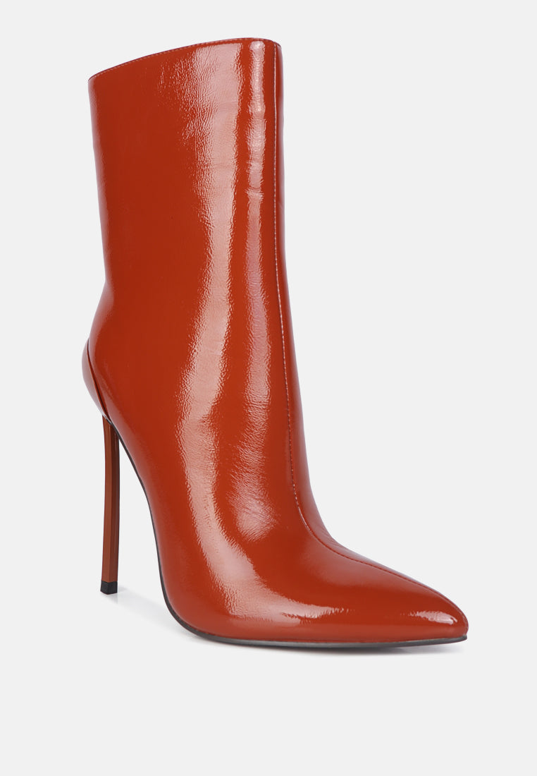 Harley Pointed Toe Patent Leather Ultra High Stiletto Heel Ankle Boots