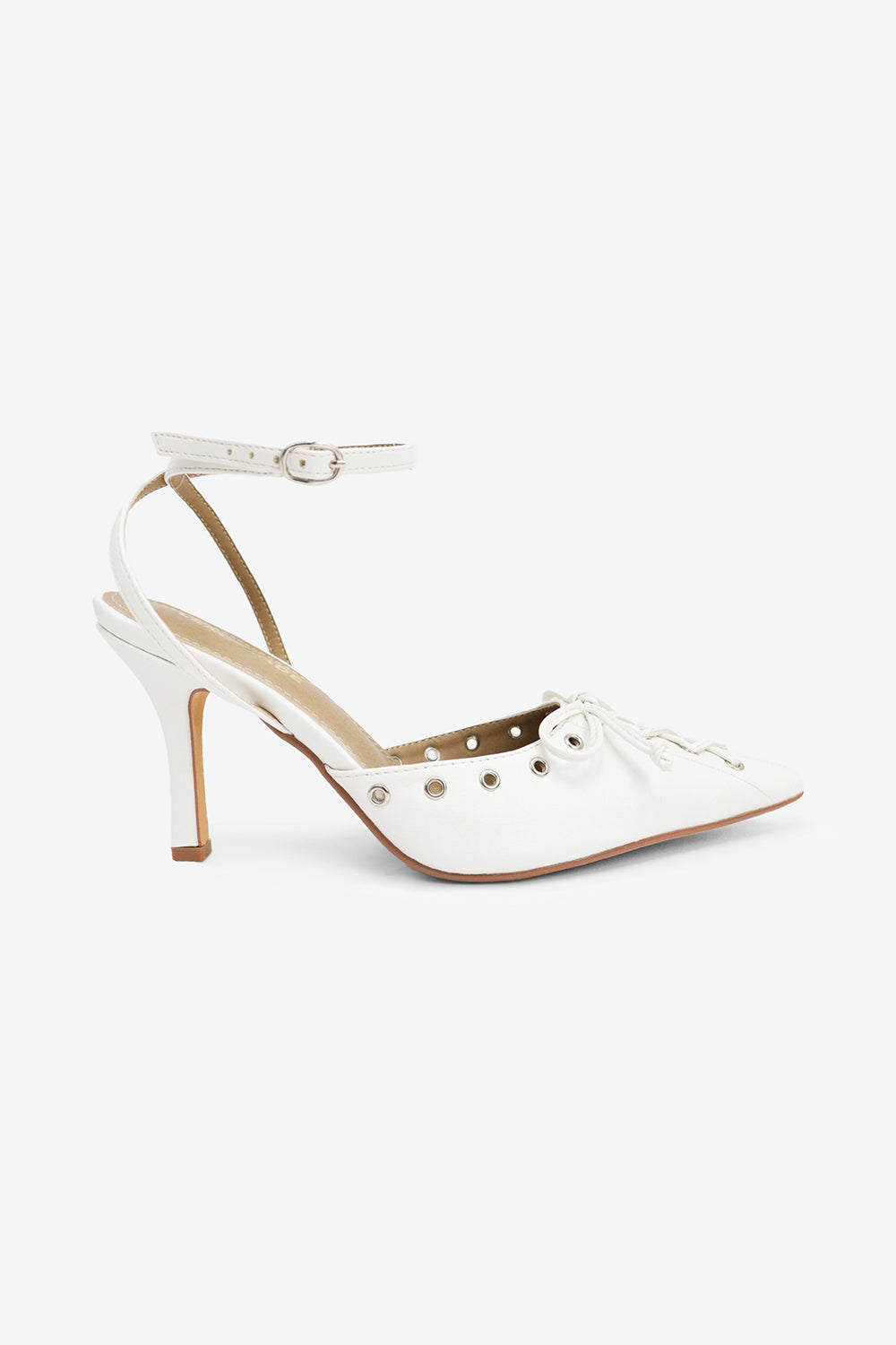 Elena Bow & Eyelet Detail Ankle Strap Pointed Toe Pumps