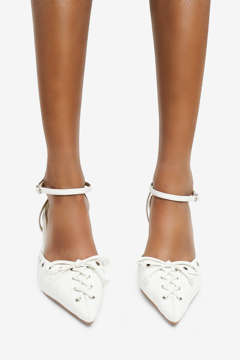 Elena Bow & Eyelet Detail Ankle Strap Pointed Toe Pumps