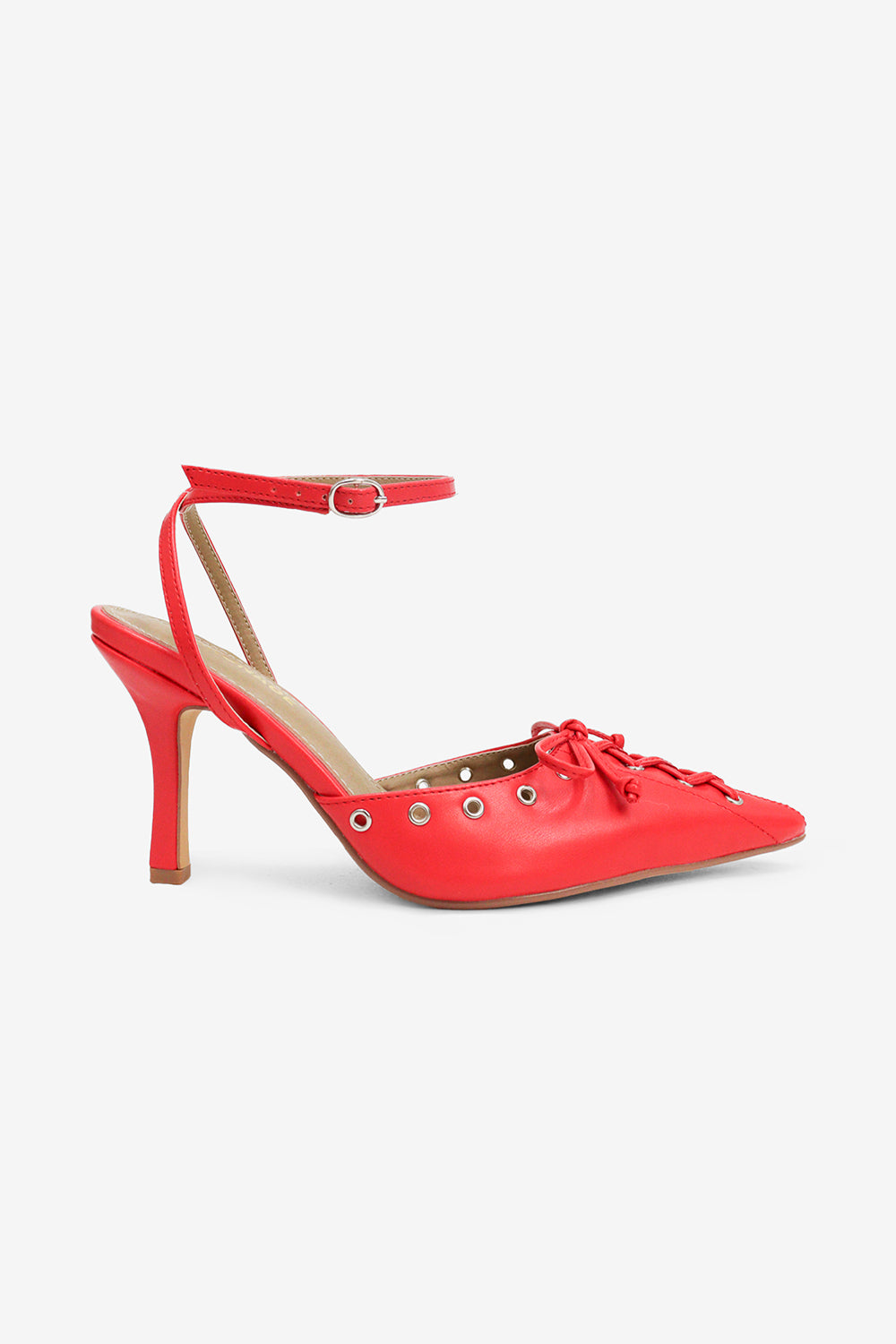 Elena Bow & Eyelet Detail Ankle Strap Pointed Toe Pumps