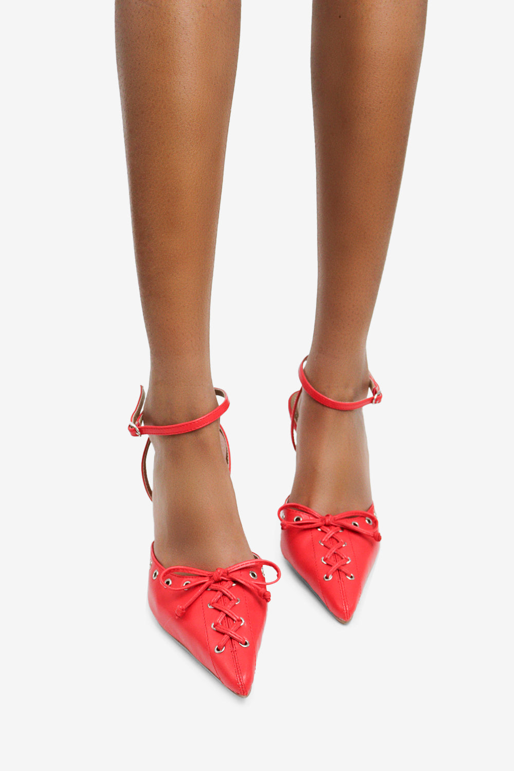 Elena Bow & Eyelet Detail Ankle Strap Pointed Toe Pumps
