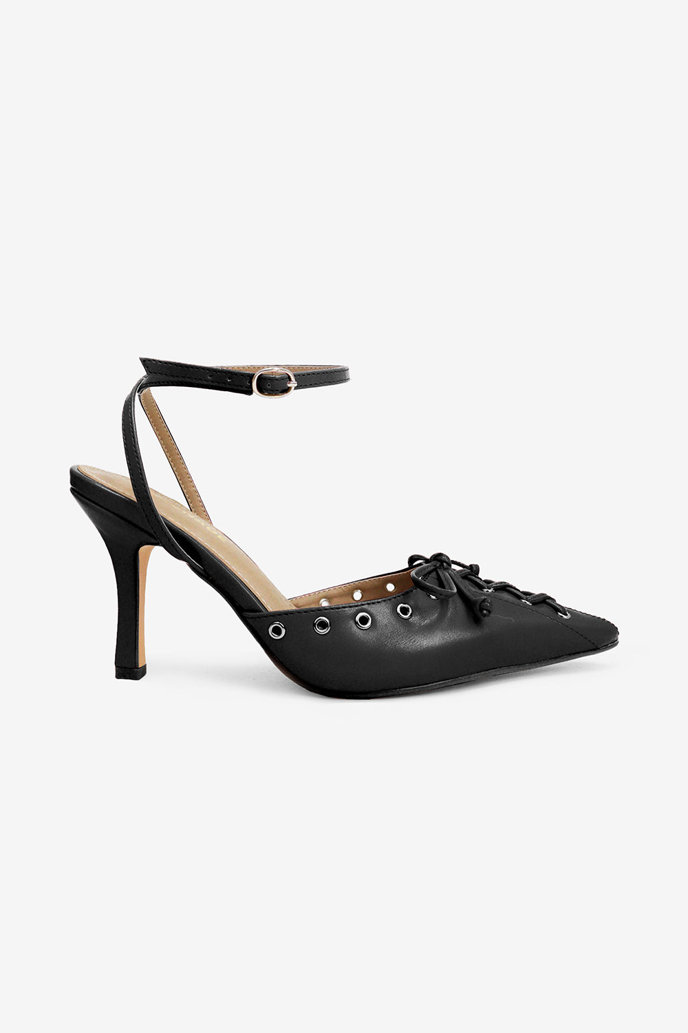 Elena Bow & Eyelet Detail Ankle Strap Pointed Toe Pumps