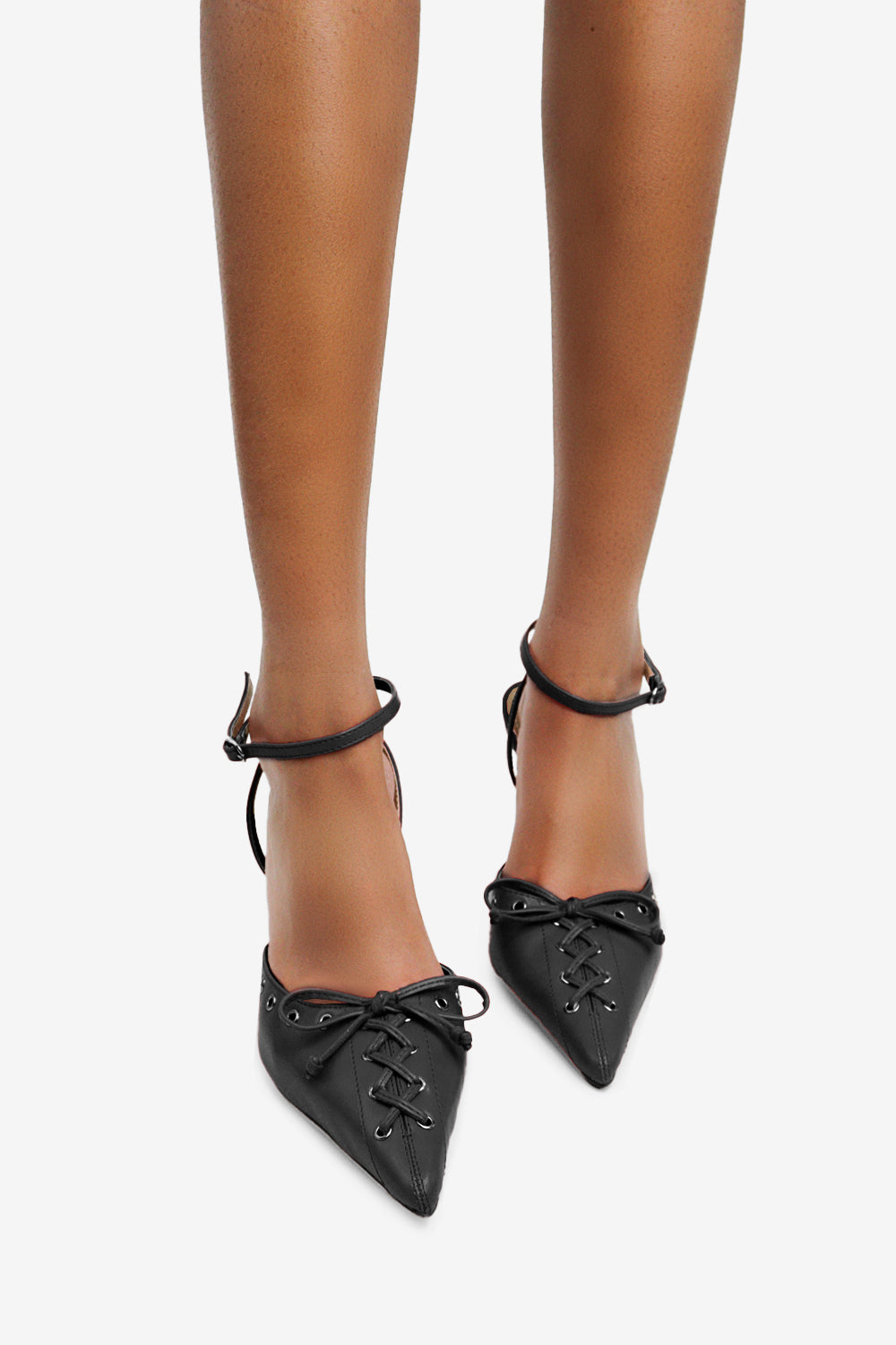 Elena Bow & Eyelet Detail Ankle Strap Pointed Toe Pumps