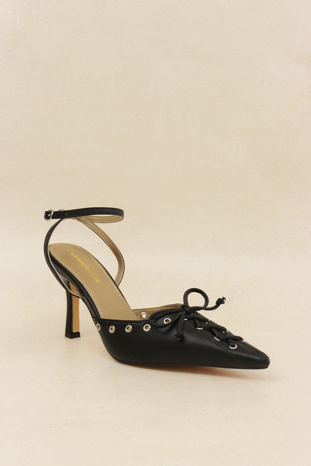 Elena Bow & Eyelet Detail Ankle Strap Pointed Toe Pumps