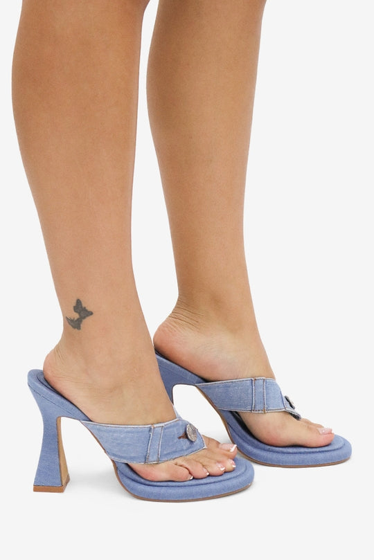 Brittany Round Toe Denim Thong High Heel Mules
