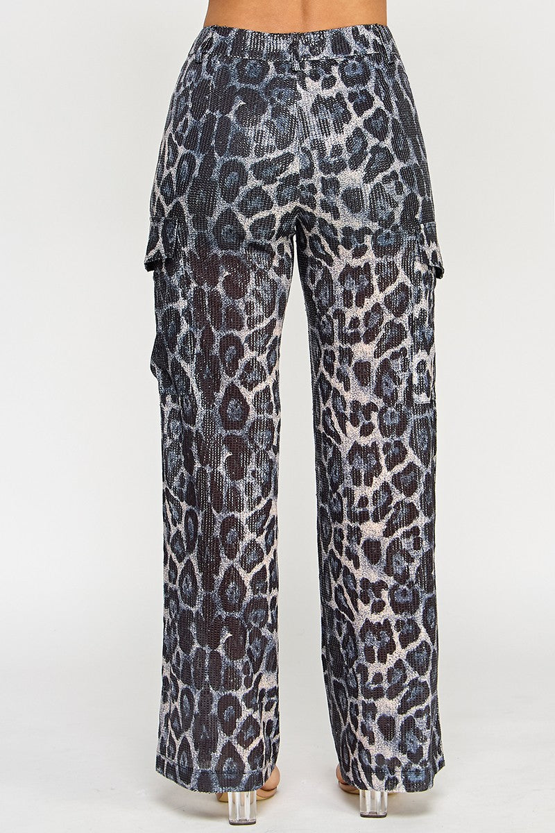 Shanie Leopard Print Sequin Embellished Straight Leg Pants