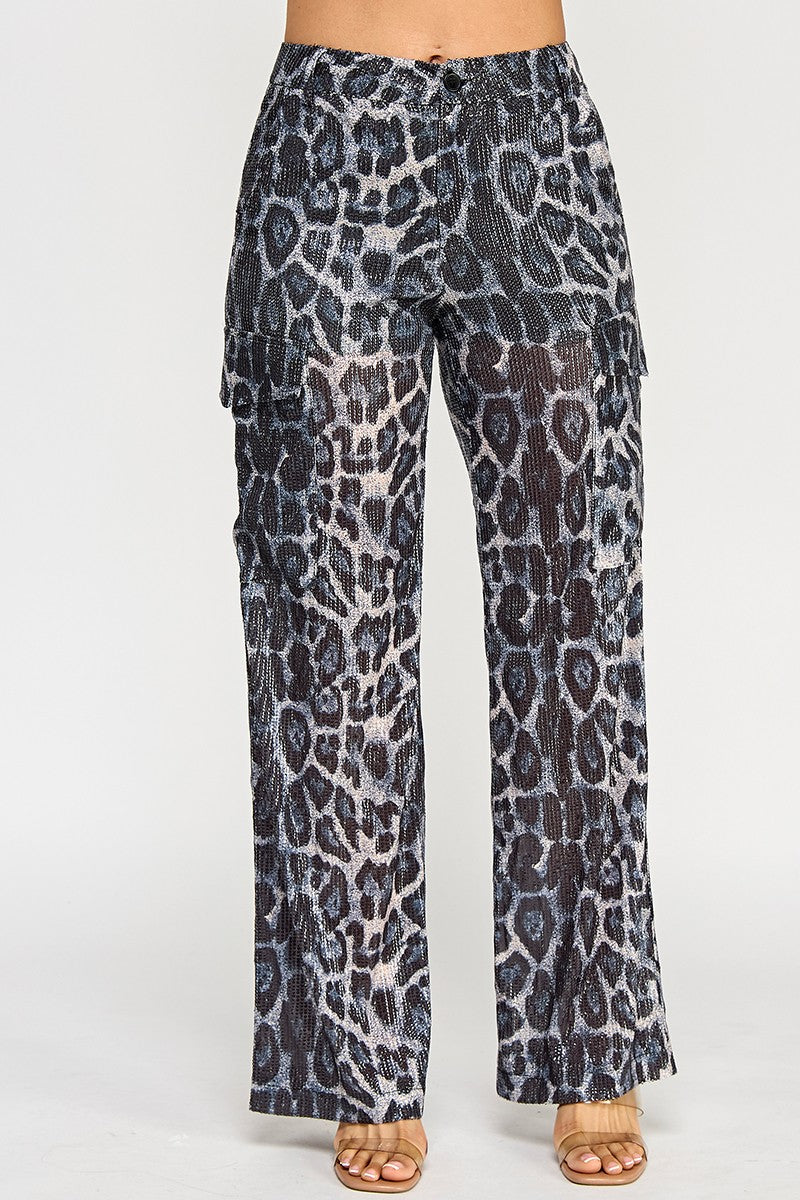 Shanie Leopard Print Sequin Embellished Straight Leg Pants