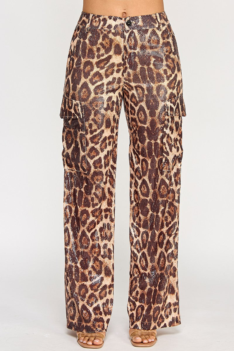 Shanie Leopard Print Sequin Embellished Straight Leg Pants