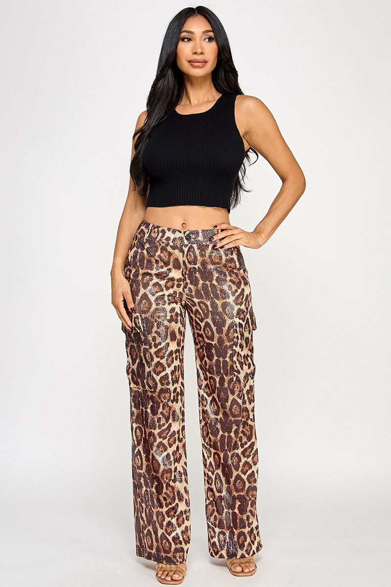 Shanie Leopard Print Sequin Embellished Straight Leg Pants