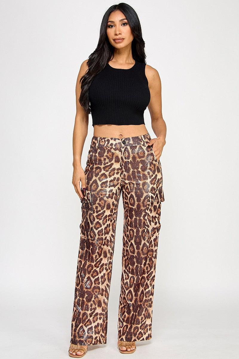 Shanie Leopard Print Sequin Embellished Straight Leg Pants
