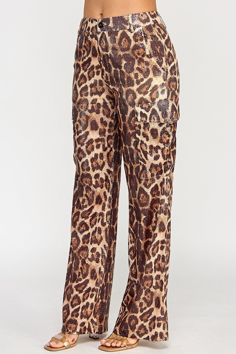 Shanie Leopard Print Sequin Embellished Straight Leg Pants